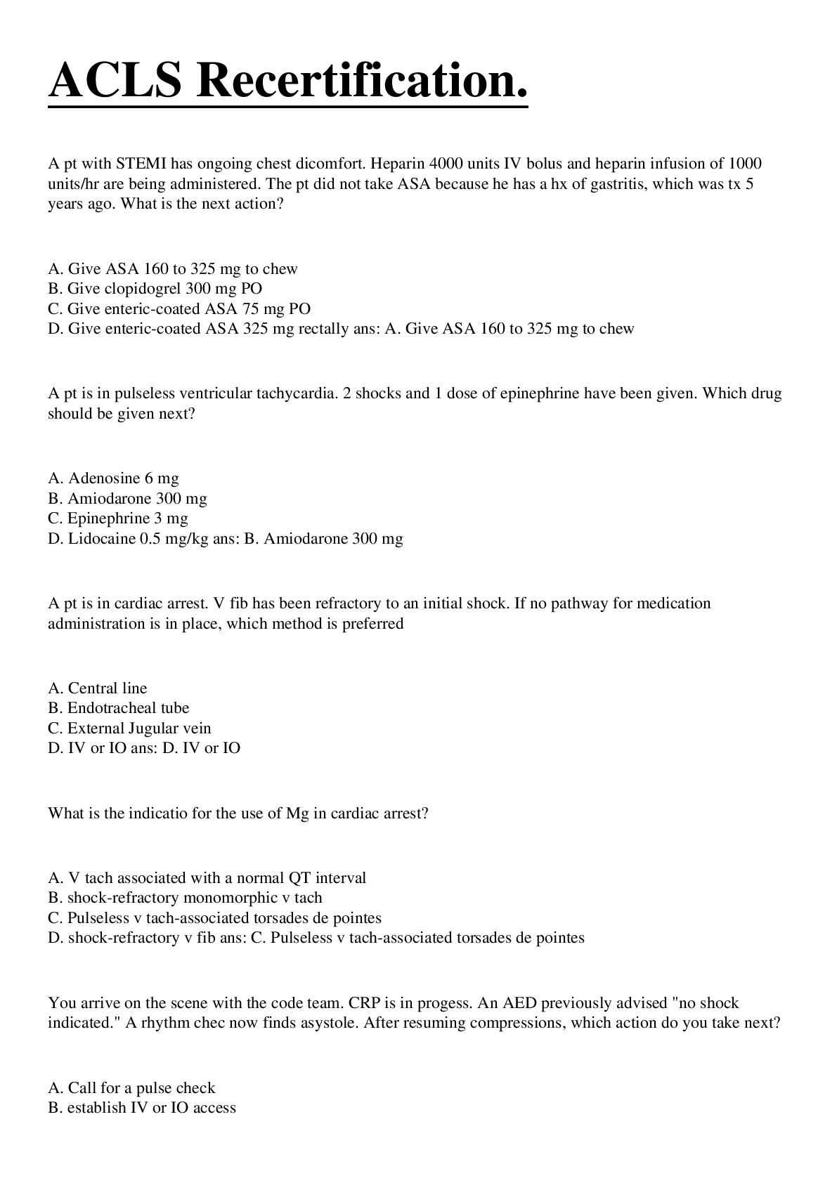 Preview image for ACLS Recertification. Grade A+ Answers.